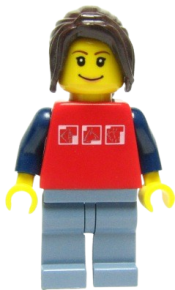 LEGO Red Shirt with 3 Silver Logos, Dark Blue Arms, Sand Blue Legs, Dark Brown Hair Ponytail Long with Side Bangs minifigure