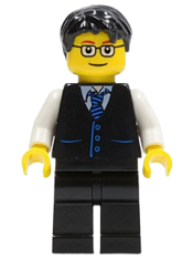 LEGO Black Vest with Blue Striped Tie, Black Legs, White Arms, Black Short Tousled Hair, Glasses minifigure