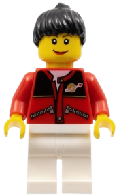 LEGO Red Jacket with Zipper Pockets and Classic Space Logo, White Legs, Black Female Ponytail Hair, Brown Eyebrows minifigure