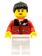 LEGO Red Jacket with Zipper Pockets and Classic Space Logo, White Legs, Black Female Ponytail Hair, Black Eyebrows minifigure