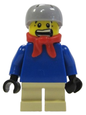 LEGO Plain Blue Torso with Blue Arms, Tan Short Legs, Light Bluish Gray Helmet, Bandana minifigure