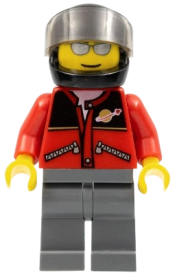 LEGO Red Jacket with Zipper Pockets and Classic Space Logo, Dark Bluish Gray Legs, Black Helmet, Silver Sunglasses minifigure