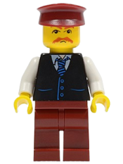 LEGO Black Vest with Blue Striped Tie, Dark Red Legs, White Arms, Dark Red Hat, Moustache minifigure