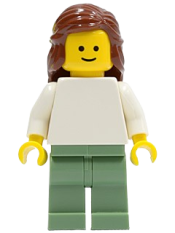 LEGO Plain White Torso with White Arms, Sand Green Legs, Reddish Brown Female Hair Mid-Length minifigure