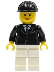 LEGO Horse Rider, Female, Black Suit with Tie, White Legs, Black Construction Helmet minifigure