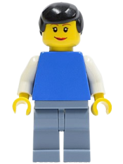 LEGO Plain Blue Torso with White Arms, Sand Blue Legs, Black Male Hair, Lipstick minifigure