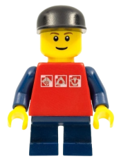 LEGO Red Shirt with 3 Silver Logos, Dark Blue Arms, Dark Blue Short Legs, Black Cap minifigure