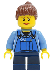 LEGO Overalls with Tools in Pocket Blue, Reddish Brown Ponytail Hair, Lipstick, Dark Blue Short Legs minifigure