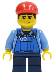 LEGO Overalls with Tools in Pocket Blue, Red Short Bill Cap, Dark Blue Short Legs minifigure