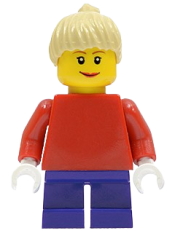 LEGO Plain Red Torso with Red Arms, Dark Purple Short Legs, Tan Female Ponytail Hair, Brown Eyebrows minifigure