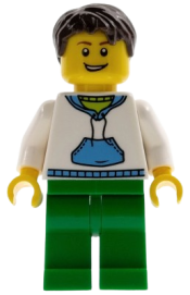 LEGO White Hoodie with Blue Pockets, Green Legs, Dark Brown Short Tousled Hair minifigure