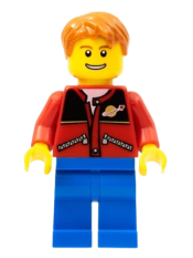 LEGO Red Jacket with Zipper Pockets and Classic Space Logo, Blue Legs, Dark Orange Short Tousled Hair minifigure