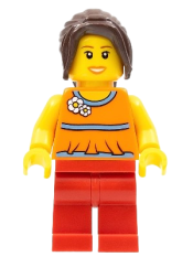 LEGO Orange Halter Top with Medium Blue Trim and Flowers Pattern, Red Legs, Dark Brown Hair Ponytail Long with Side Bangs minifigure