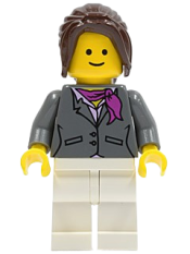 LEGO Dark Bluish Gray Jacket with Magenta Scarf, White Legs, Dark Brown Hair Ponytail Long with Side Bangs minifigure