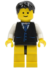 LEGO Black Vest with Blue Striped Tie, Black Hips and Yellow Legs, Black Short Tousled Hair minifigure