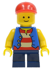 LEGO Vest over Red and White Striped Shirt, Dark Blue Short Legs, Red Short Bill Cap minifigure