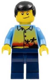 LEGO Sunset and Palm Trees - Male, Dark Blue Legs, Black Male Hair, Lopsided Smile minifigure