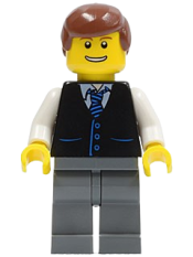 LEGO Black Vest with Blue Striped Tie, Dark Bluish Gray Legs, White Arms, Reddish Brown Male Hair minifigure