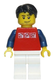LEGO Red Shirt with 3 Silver Logos, Dark Blue Arms, White Legs, Black Short Tousled Hair minifigure