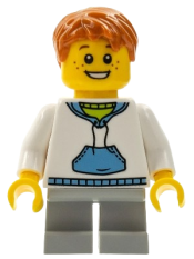 LEGO White Hoodie with Blue Pockets, Light Bluish Gray Short Legs, Dark Orange Short Tousled Hair minifigure