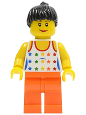 LEGO Shirt with Female Rainbow Stars Pattern, Orange Legs, Black Ponytail Hair minifigure