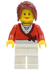 LEGO Sweater Cropped with Bow, Heart Necklace, White Legs, Dark Red Hair Ponytail Long with Side Bangs minifigure