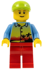 LEGO Sunset and Palm Trees - Male, Red Legs, Lime Short Bill Cap, Thin Grin minifigure