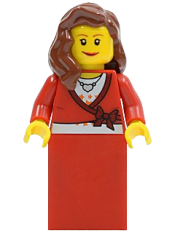 LEGO Sweater Cropped with Bow, Heart Necklace, Red Skirt, Reddish Brown Female Hair over Shoulder, Small Eylashes and Wide Smile minifigure