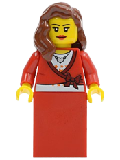 LEGO Sweater Cropped with Bow, Heart Necklace, Red Skirt, Reddish Brown Female Hair over Shoulder, Eyelashes and Smile minifigure