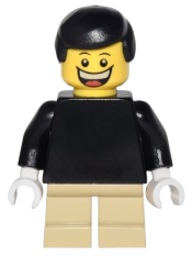 LEGO Plain Black Torso with Black Arms, Tan Short Legs, Black Male Hair minifigure