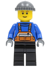 LEGO Overalls with Safety Stripe Orange, Black Legs, Dark Bluish Gray Knit Cap, Brown Eyebrows, Thin Grin minifigure