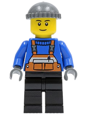 LEGO Overalls with Safety Stripe Orange, Black Legs, Dark Bluish Gray Knit Cap, Black Legs, Black Eyebrows, Thin Grin minifigure