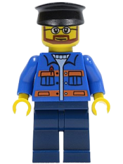 LEGO Blue Jacket with Pockets and Orange Stripes, Dark Blue Legs, Black Hat minifigure