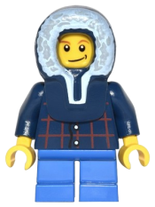 LEGO Plaid Button Shirt, Blue Short Legs, Dark Blue Hood, Lopsided Smile with Dimple minifigure