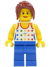 LEGO Shirt with Female Rainbow Stars Pattern, Blue Legs, Dark Red Hair Ponytail Long with Side Bangs minifigure