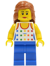 LEGO Shirt with Female Rainbow Stars Pattern, Blue Legs, Dark Orange Female Hair Mid-Length minifigure