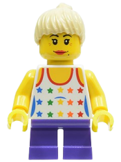 LEGO Shirt with Female Rainbow Stars Pattern, Dark Purple Short Legs, Tan Ponytail Hair minifigure
