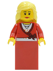 LEGO Sweater Cropped with Bow, Heart Necklace, Red Skirt, Bright Light Yellow Female Hair Mid-Length minifigure