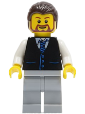 LEGO Black Vest with Blue Striped Tie, Light Bluish Gray Legs, White Arms, Dark Brown Hair, Brown Beard Rounded minifigure