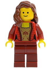 LEGO Female Corset with Gold Panel Front and Lace Up Back Pattern, Dark Red Legs, Reddish Brown Female Hair over Shoulder minifigure