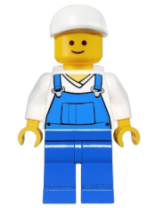 LEGO Overalls Blue over V-Neck Shirt, Blue Legs, White Short Bill Cap minifigure