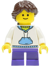 LEGO White Hoodie with Blue Pockets, Dark Purple Short Legs, Dark Brown Hair Ponytail Long French Braided minifigure