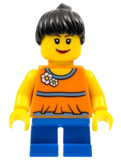 LEGO Orange Halter Top with Medium Blue Trim and Flowers Pattern, Blue Short Legs, Black Ponytail Hair minifigure