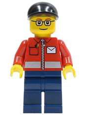 LEGO Post Office White Envelope and Stripe, Dark Blue Legs, Black Short Bill Cap minifigure