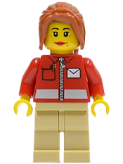 LEGO Post Office White Envelope and Stripe, Tan Legs, Dark Orange Ponytail Long with Side Bangs minifigure
