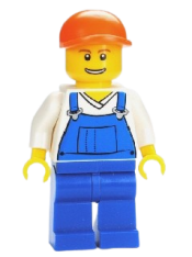 LEGO Overalls Blue over V-Neck Shirt, Blue Legs, Orange Short Bill Cap minifigure