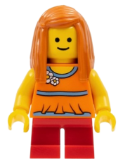 LEGO Child, Girl, Orange Torso Halter Top with Medium Blue Trim and Flowers Pattern, Short Legs minifigure