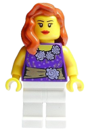 LEGO Female Dark Purple Blouse with Gold Sash and Flowers, White Legs, Red Lips minifigure