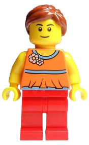 LEGO Orange Halter Top with Medium Blue Trim and Flowers Pattern, Red Legs, Reddish Brown Ponytail and Swept Sideways Fringe minifigure