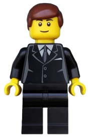 LEGO Suit Black, Reddish Brown Male Hair, Black Eyebrows, Thin Grin minifigure